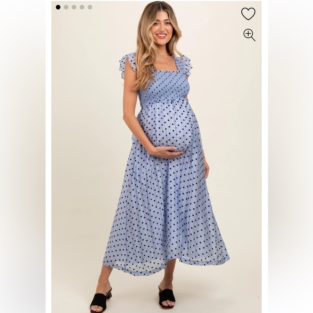 PINKBLUSH Blue Polka Dot Smocked Maternity Midi Dress • Size Small • NWOT
